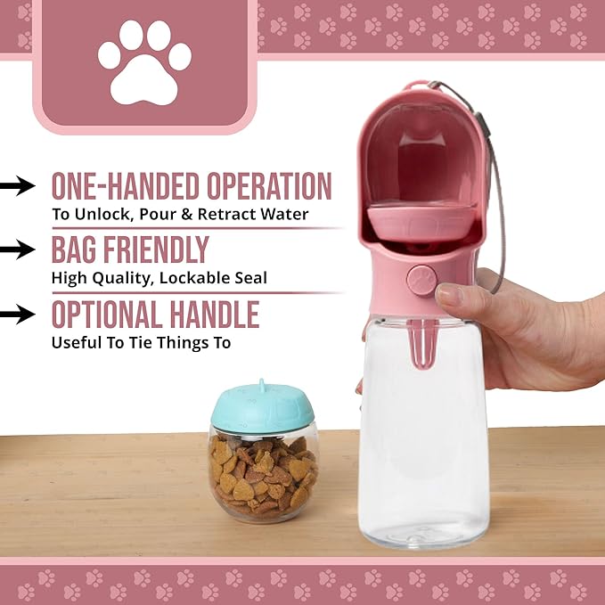 Leak Proof Portable Dog Water Bottle with Bowl – Travel Pet Water Dispenser for Walking & Hiking – Food Grade Plastic – Choose from 3 Colors (Pink, 320 ml)