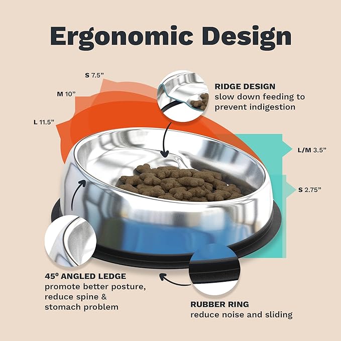 Enhanced Pet Bowl – Slanted Stainless Steel Dog Bowl for Flat-Faced Breeds Like Bulldogs, Pugs, Frenchies – Raised Back, No-Spill, Reduces Gas & Mess – Large Size, Non-Slip, Food-Grade