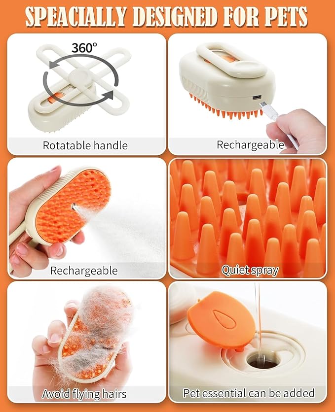 Cat Steam Brush for Shedding - 3 in 1 Steam Cat Brushes for Grooming and Massage - Adjustable Pet Brush with Steam for Dogs, Removing Tangled and Loose Hair (Beige)