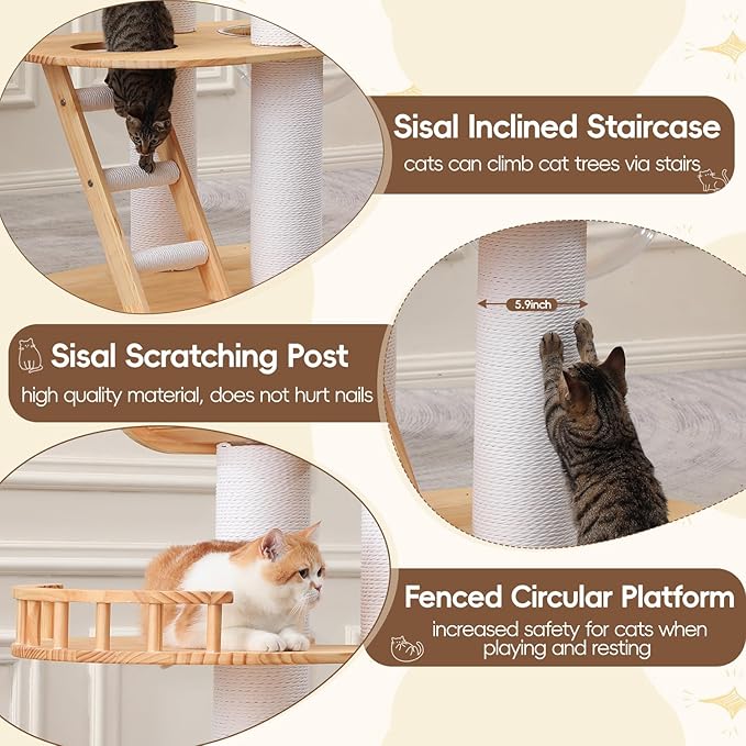 63'' Tall Solid Wood Modern Cat Tree Tower for Indoor Large Cats,Multi-Level Heavy Duty Cat Furniture with Condo Removable Cushion Sisal Scratching Posts Clear Bowl Hammock for Maine Coon