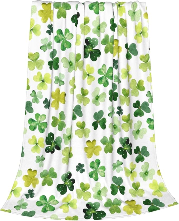 Lucky Clover Blanket, Watercolor Shamrock Cozy Throw Blanket, St. Patrick's Day Irish Green Flannel Blanket, Lightweight Warm Soft Fleece Blanket for Sofa Couch Chair, 50 x 60 Inch