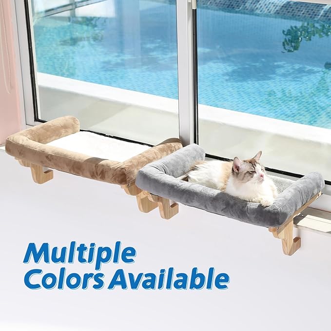 Zakkart Cat Perch for Window Sill with Bolster - Orthopedic Hammock Design with Premium Hardwood & Robust Metal Frame - Cat Window Seat for Large Cats and Kittens - Natural Color Wood with Brown Bed