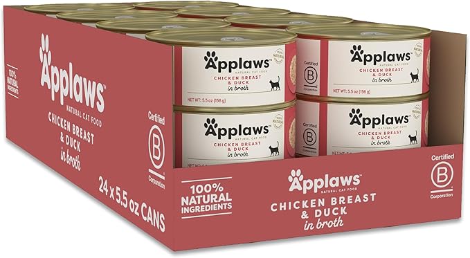 Applaws Natural Wet Canned Cat Food, Limited and Natural Ingredients, High Protein with No Artificial Additives, Chicken Breast & Duck in Broth (24 x 5.5oz Cans)