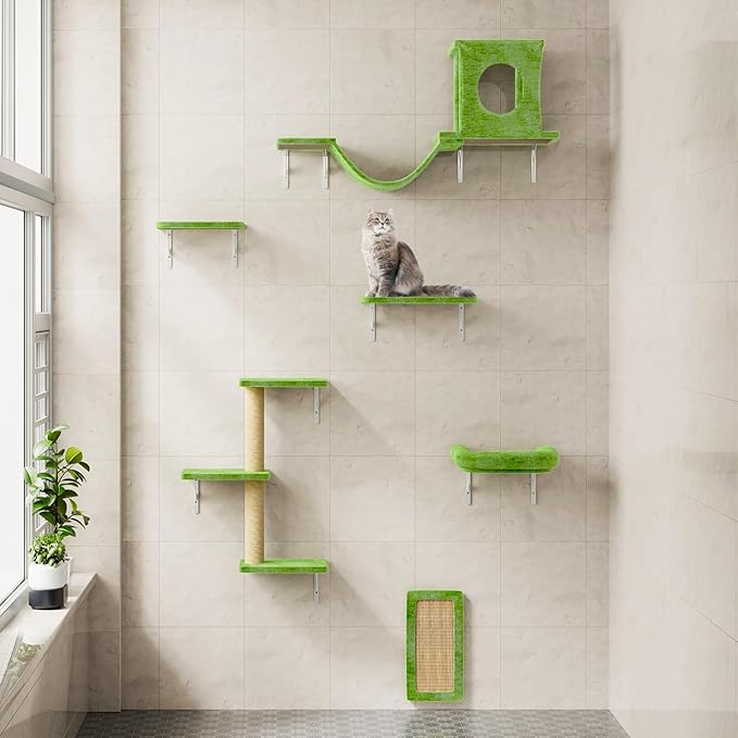NUNU LAB Cat Wall Shelves, 6 Pcs Luxury Wall-Mounted Cat Climber Set, Indoor Cat Furniture with 1 Condos House, 2 Cat Wall Shelves, 1 Scratching, 1 Bridge Ladder, 1 Scratching Pad, Green