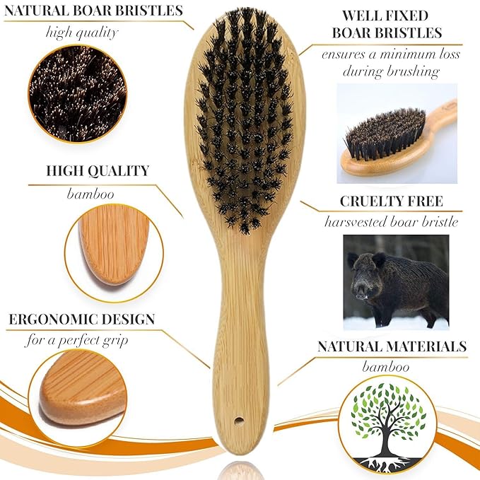 Cat & Dog Brush with Boar Bristle, Professional Grade Daily Grooming Hairbrush for Soft Hair and Healthy Shine, Short Haired Dogs Hair Brush for Reducing Shedding with Brush Cleaner