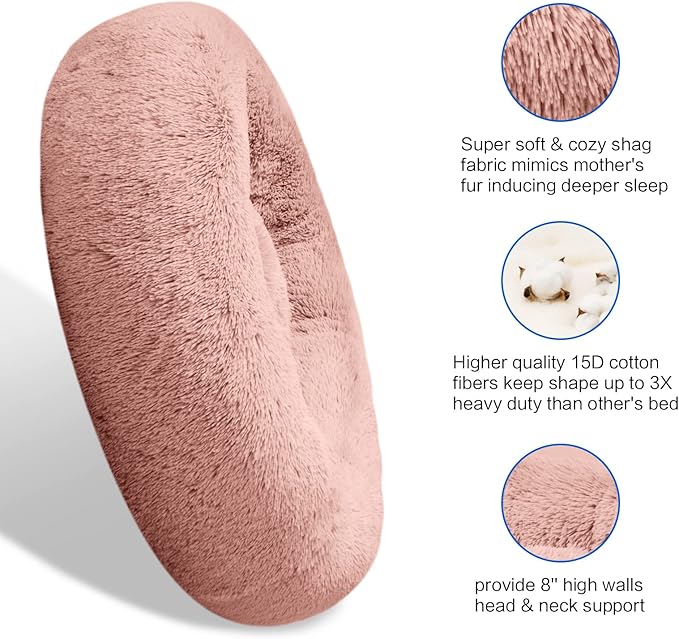SAVFOX Plush Calming Donut Dog Beds for Small Dogs, Medium, Large & X-Large Breeds, Comfy Cuddler Dog Bed and Cat Bed in Faux Fur, Washable, Multiple Sizes S-XXL