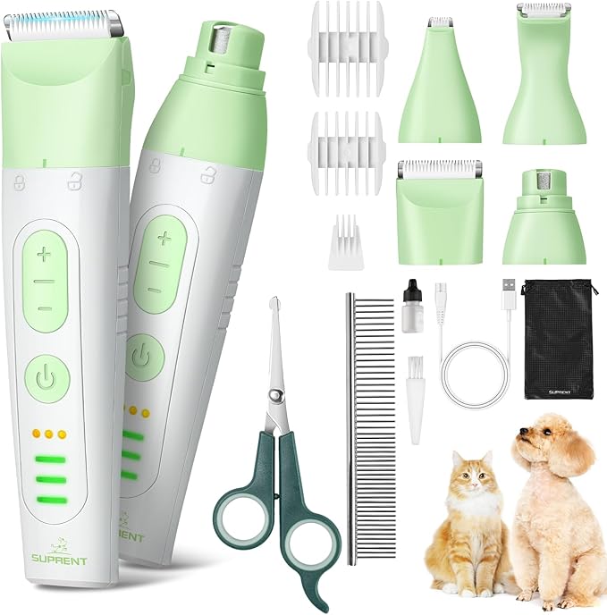 SUPRENT Dog Grooming Kit, 4 in 1 Quiet Pet Clippers for Grooming Supplies, Cordless Cat Paw Trimmer Dog Nail Grinder, Professional Long Hair Shaver Set for Cat Matted Hair and Small Dogs Thick Coats
