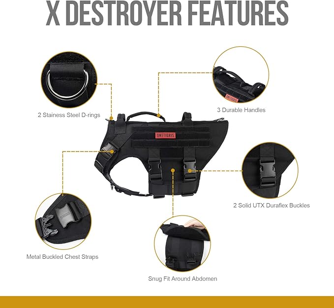 OneTigris Large Tactical Dog Harness, No Pulling Adjustable Dog Vest Harness, Heavy Duty Dog Harness with Handle, Large Hook and Loop Panels for Patch(Black,S)