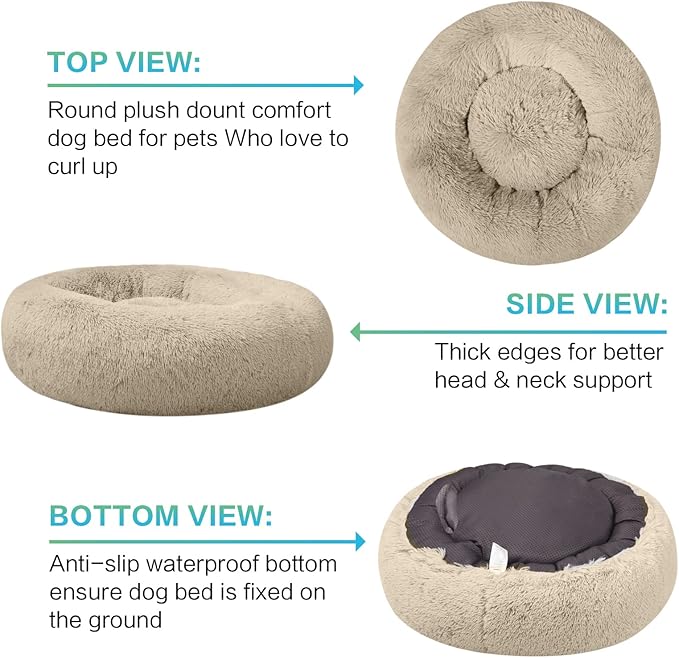 SAVFOX Calming Dog Bed, Anti-Anxiety Donut Dog Bed, Plush Faux Fur, Large Size, 36"x36", 10" Thick, Durable Construction, Machine Washable