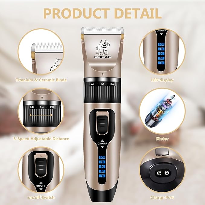 Dog Clippers for Grooming for Heavy Thick Hair&Coats,Low Noise Hair Trimmer,Rechargeable Cordless Pet Shaver, Dog Grooming Kit with Paw Trimmer Nail Grinder for Small Large Dogs