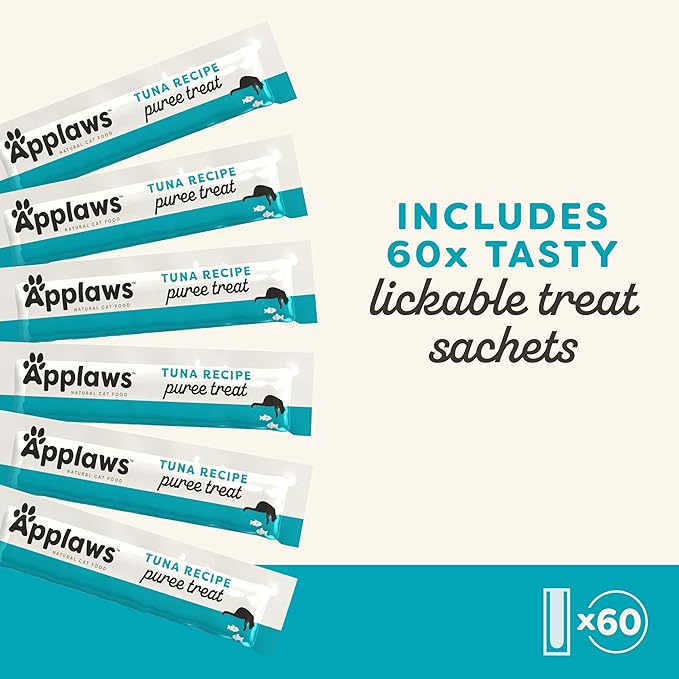 Applaws Lickable Cat Treats, Natural Grain-Free Purée, Made with Limited and Natural Ingredients, No Artificial Additives, Tuna Squeeze Up Cat Treats (60 x 0.5 oz Sachets)