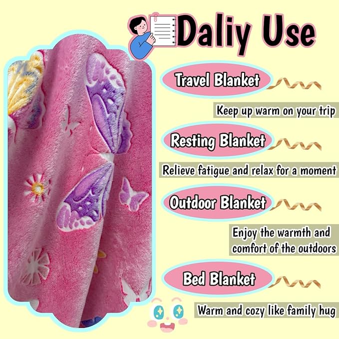 Halloween Butterfly Glow in The Dark Blanket for Daughters, Best Gift Blankets for 3-10 Year Old Kids Birthday Presents, Soft Cozy Flannel Camping Throw, Christmas Thanksgiving Gifts, 60"*50", Pink