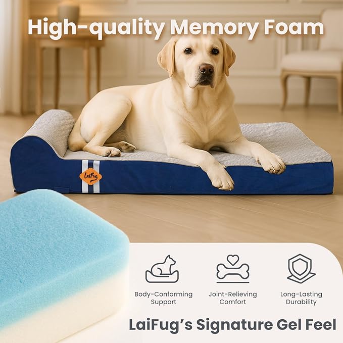 Laifug Orthopedic Memory Foam Extra Large Dog Bed with Pillow and Durable Water Proof Liner & Removable Washable Cover & Smart Design (Large (46"x28"x8"), Grey Blue)