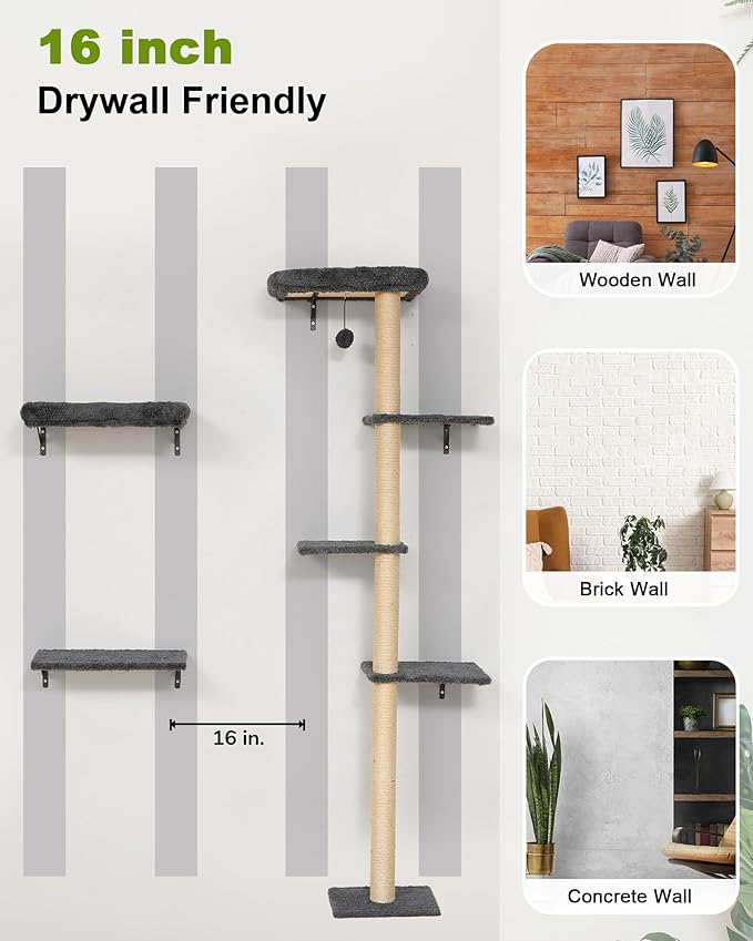 FUKUMARU Cat Wall Shelves, Stable 3-in-1 Wall Mounted Cats Furniture Set, Kitten Scratching Post with Soft Cushion Perch, Space Saving Climbing Wall for 16 Inch Drywall - Gray