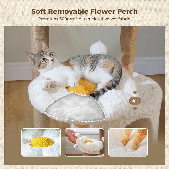 PEQULTI 48.5'' Modern Cat Tree Solid Wood Cat Tower for Indoor Cats with Luxury Cat Condo, Cozy Hammock, Scratching Post, Rattan Perch and Flower Cat Bed for Large Cats Adult, White