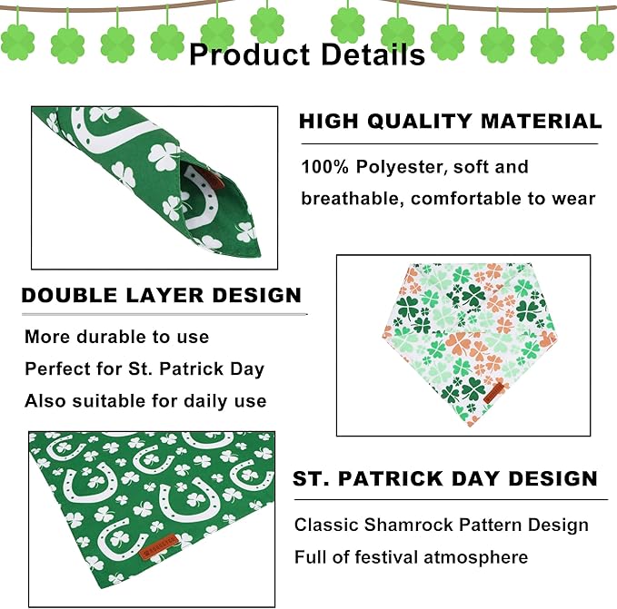 ADOGGYGO St. Patrick's Day Dog Bandana, Green Shamrock Scarf, Multi Size Offered, Saint Patrick Day Bandanas for Medium Large Dogs (Large)