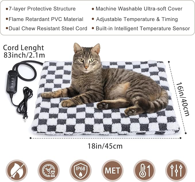 MIXJOY Heated Cat Bed, 11 Adjustable Temperature Cat Heating Pad Indoor with Timer, Pet Heating Pads for Cats Dogs, Electric Dog Heat Pad with Washable Cover, Heated Pet bed-18''x16'', Small