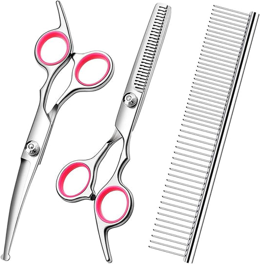 Dog Grooming Scissors with Safety Round Tips Stainless Steel Professional Dog Grooming Kit - Thinning, Curved Scissors and Comb for Cat Pet (Pink 4 in 1)