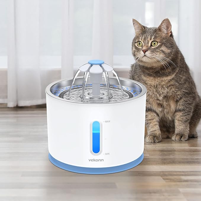 2.4L/81oz Cat Water Fountain Stainless Steel Top, Pet Water Fountain for Small Dog and Cat with LED Light and Water Level Window (Blue)