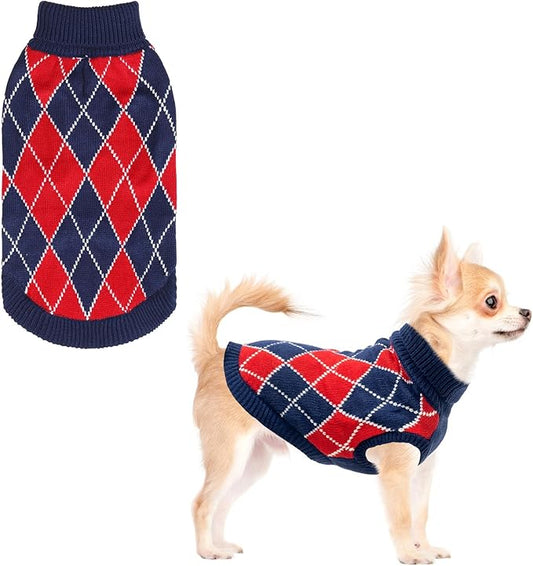 KOOLTAIL Small Dog Sweater - Knit Turtleneck Cold Weather Pullover for Medium Large Dogs, Soft Diamond Plaid Knitwear Winter Warm Clothes, Pet Coat for Puppy Cat Girls Boys XS