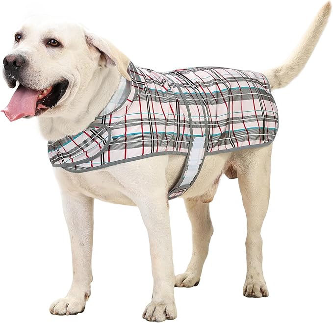 Dog Rain Coat for Large Dogs Waterproof Hooded Rain Jacket with Reflective Strips Leash Hole & Poncho Adjustable Fit (Plaid,XL)