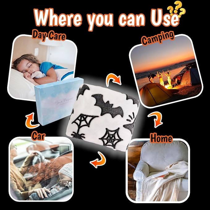 Cute Halloween Bat Blanket for Kids/Teens/Women/Men, Glow in The Dark Throw Blankets Soft Plush Fleece, Spooky Blanket for Boy/Girls/Toddler, Day Care Home Travel Use, 60"*50", White