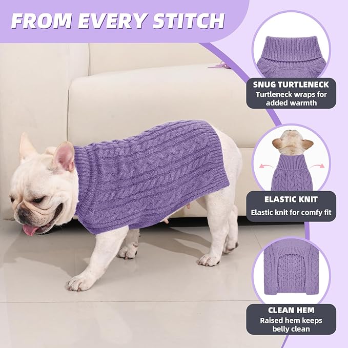 2 Pack Dog Sweaters for Medium Dogs Turtleneck Pullover Cable Knit Stretch Clothes French Bulldog Dachshund Boston Terrier Corgi Beagle Pug Boy Girl Pets Winter Clothes (M, Pink & Purple)