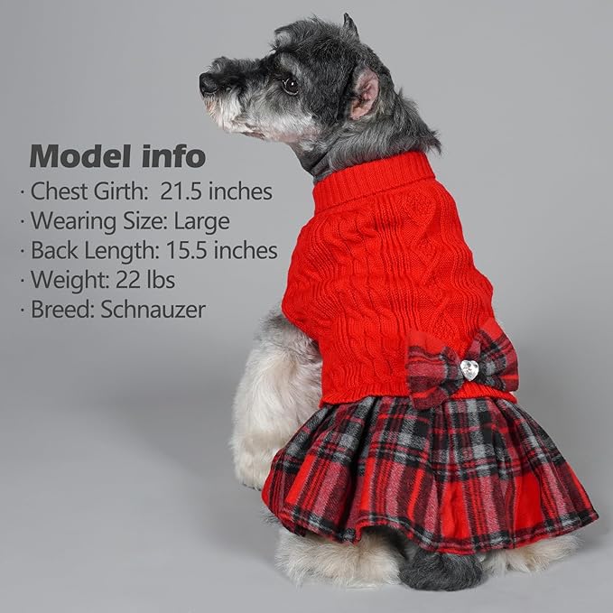 KYEESE Dog Sweater Warm Pullover Pet Coats Thick Dogs Clothes with Bowtie Soft Turtleneck Pet Sweater Dress Stretchy Cat Sweaters Comfy Knitwear Dog Sweaters for Small Dogs Girl, Red, Large