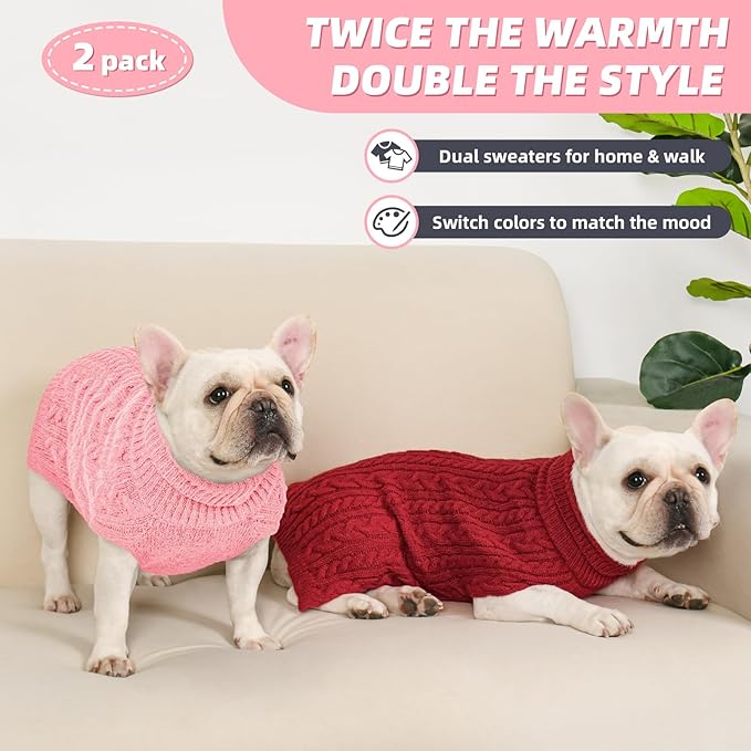 2 Pack Dog Sweaters for Medium Dogs Turtleneck Pullover Cable Knit Stretch Clothes French Bulldog Dachshund Boston Terrier Corgi Beagle Pug Boy Girl Pets Winter Clothes (M, Pink & Red)