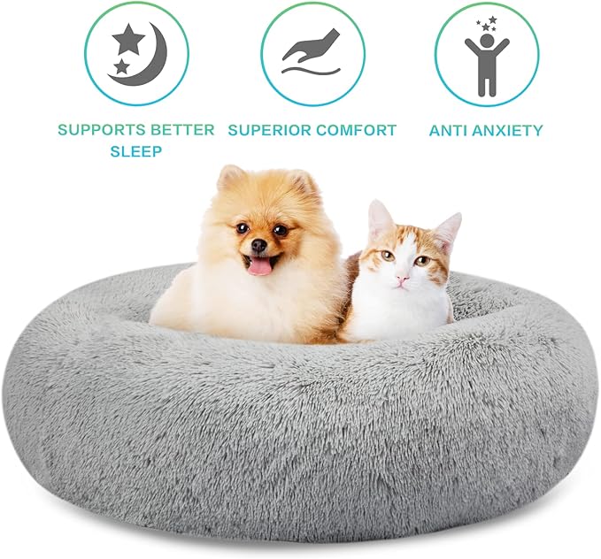 SAVFOX Plush Calming Dog Beds, Donut Dog Bed for Small Dogs, Medium, Large & X-Large, Comfy Cuddler Dog Bed and Cat Bed in Faux Fur, Washable Dog Bed, Multiple Sizes XS-XXL
