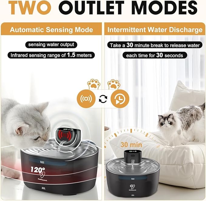 Wireless Cat Water Fountain Stainless Steel,108oz/3.2L Pet Water Fountain Battery Operated with 2 Modes, Ultra Quiet Motion Sensor Cat Water Dispenser (Black, 108 fl.oz/3.2 L)