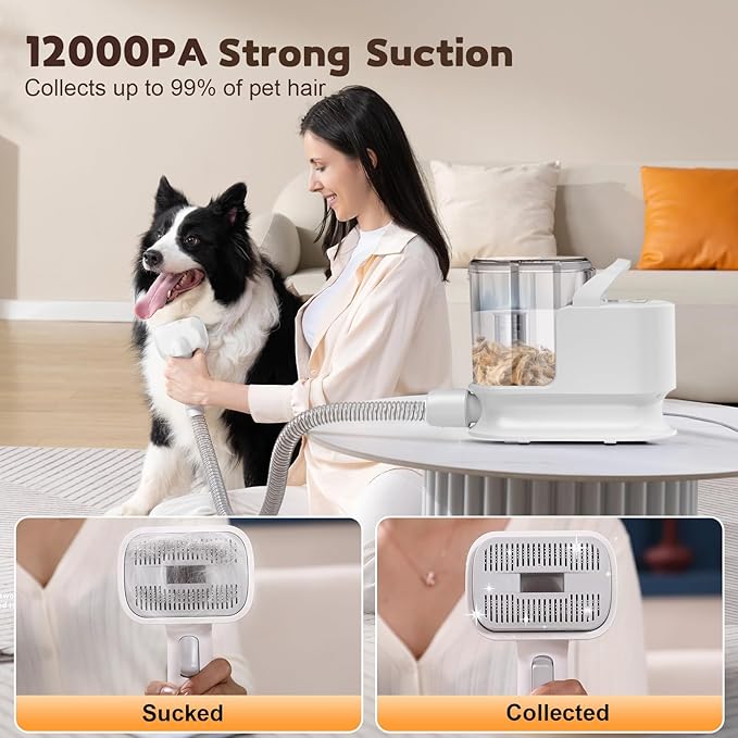 Dog Grooming Kit & Dog Grooming Vacuum, 12Kpa Suction Pet Vacuum Grooming Kit with Low Noise, 3 Suction Mode, 2L Capacity, 5 Pet Grooming Tools for Shedding Cat Hair, Home Cleaning