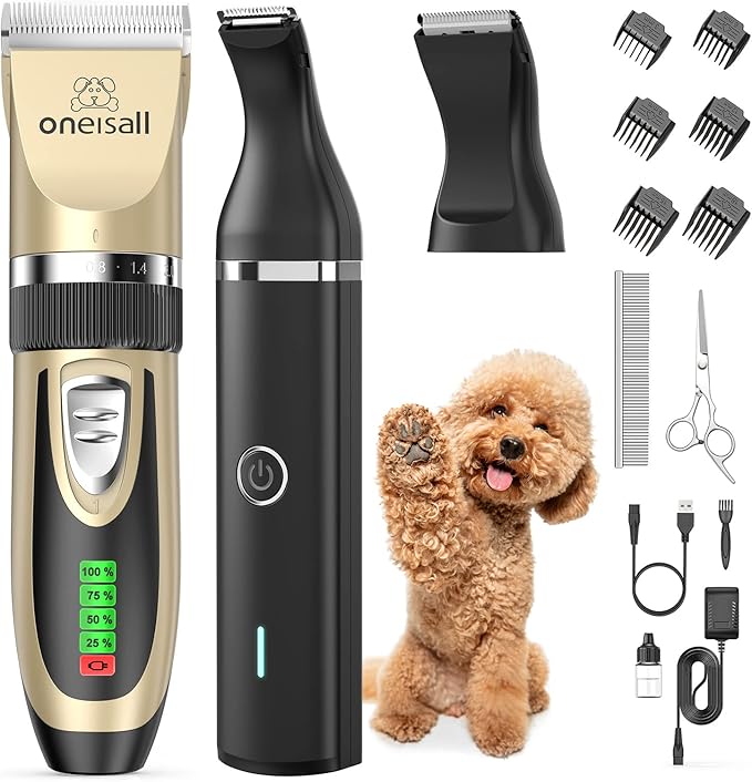 oneisall Dog Grooming Clippers and Paw Trimmer Kit 2 in 1 Quiet Cordless Dog Clippers for Grooming Pet Hair Paws Trimmers for Small Dogs Cats Animals