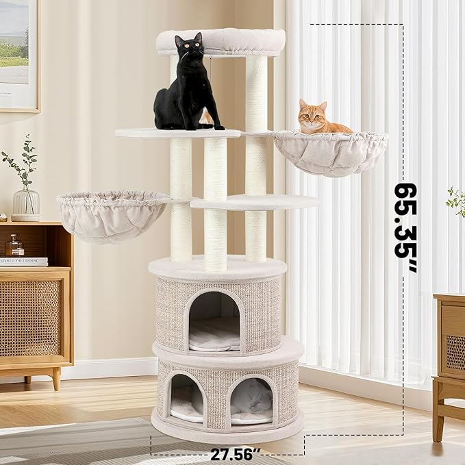 67'' Luxury Cat Tree,Large Modern Wood Cat Tower for Indoor Cats Adults,Multi-Levels Cat Condo with Sisal House and Removable Mats,Hommock,Large Platform,Heavy Duty Furniture (65inch)