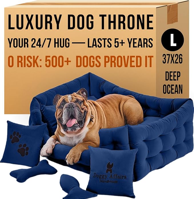 Luxury Dog Bed Chesterfield – Handcrafted Velvet Throne for Dogs | Joint Support, Calming & Temp-Regulating Comfort | Durable 5+ Years, Anti-Claw, Washable 100+ Times – L, Blue