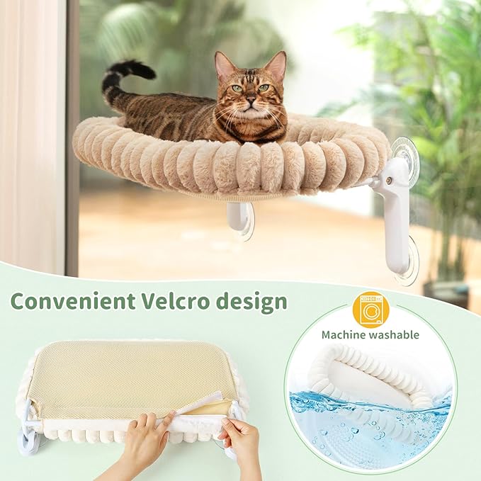 Sunhoo Cat Window Perch Bed Foldable Kitty Windowsill Hammock Shelf Seat Large Cats Suction Cup Indoor Kitten Window Sill Lounger with Soft Plush Cushion Machine Washable 21.26*11.8in (Light Camel, M)