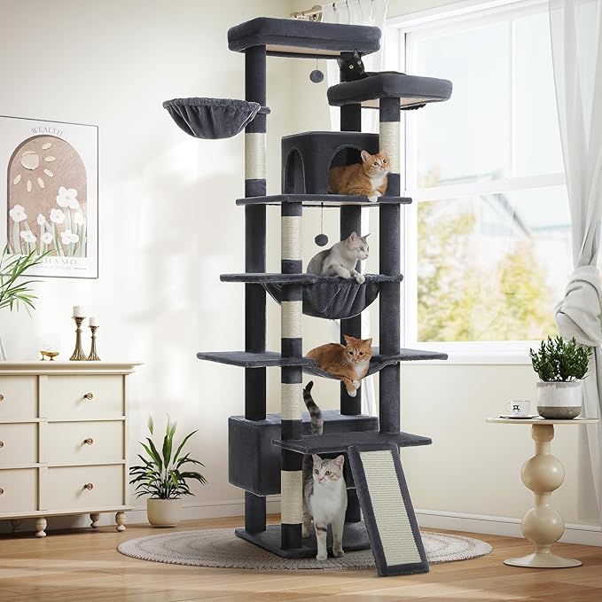 81 Inch Tall Cat Tree for Indoor Cats Large Adult - Multi-Level Cat Tower with Large Metal Frame Hammock, 2-in-1 Scratching Ramp, 2 Top Perches, 2 Cozy Condos & 6 Scratching Posts - Dark Grey