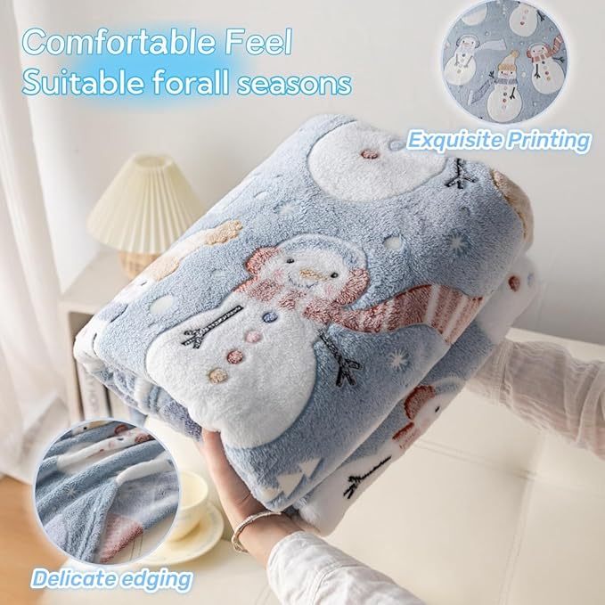 Christmas Snowman Blanket Gift, Glow in The Dark Blanket, Cozy Soft Fleece Blanket for Holiday Décor, Children Boys Girls Teens Holiday Theme Blanket, 50"*60", Kids Blanket, Sky Blue