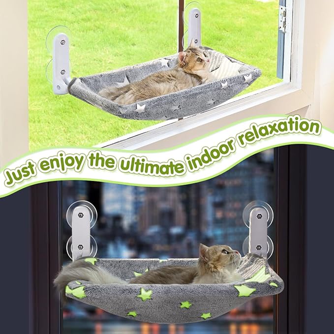 2PC Cat Window Perch, Glow in The Dark Cordless Foldable Pet Hammock Bed for Window with Sturdy Metal Frame, Stars Pattern Window Resting Seat for Indoor Cats (Stars Cat Bed, M-2PC)