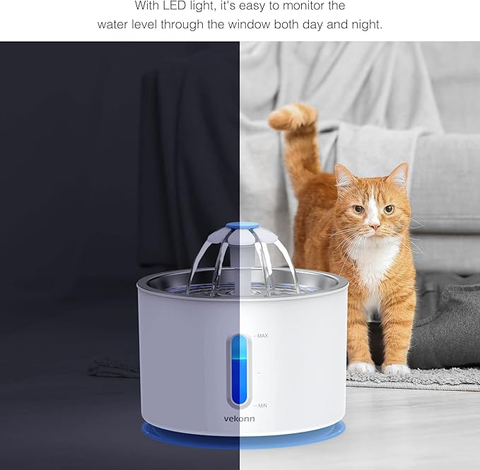 2.4L/81oz Cat Water Fountain Stainless Steel Top, Pet Water Fountain for Small Dog and Cat with LED Light and Water Level Window (Blue)