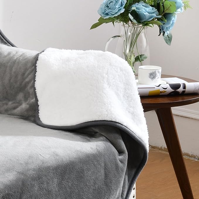 Waterproof Blanket for Bed Couch Sofa, Soft Liquid Pee Proof Pet Blanket for Dog Puppy Cat, Reversible Sherpa Fleece Furniture Protector (Grey, 30x40 inches)