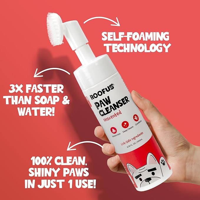 Paw Cleaner for Dogs & Cats, No-Rinse Dog Paw Cleaner Washer, Gentle Unscented Foaming Cleanser with Built-in-Brush, Paw Cleanser for Repairing & Restoring Cracked Paws (5.07 fl oz)
