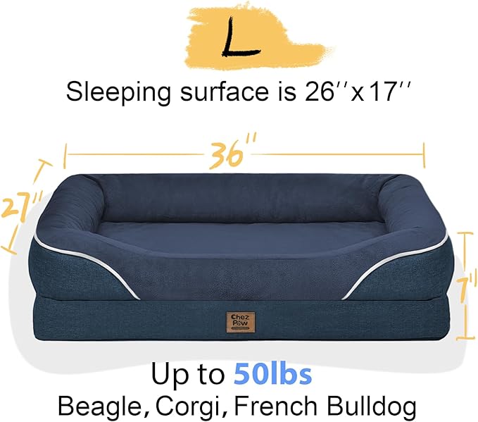 Orthopedic Washable Large Dog Bed - Egg Foam Dog Beds for Large and Medium Dogs Big Pet Beds with Removable Washable Cover and Bolster for Extra Large Dogs