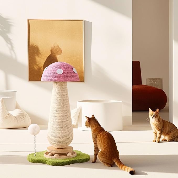 Mushroom Cat Scratching Post Cat Tree, 21.5โโ H Cute Cat Scratcher Tower with Durable Solid Wood Turntable Toy, Baby Pink Mushroom Scratch Post Cat Sisal Scratcher with Catnip for Indoor Adult Cats