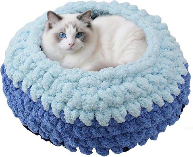 Cat Nest Bed Handwoven Washable Soft Round Cave House Furniture for Indoor Kitten Cloud Blue