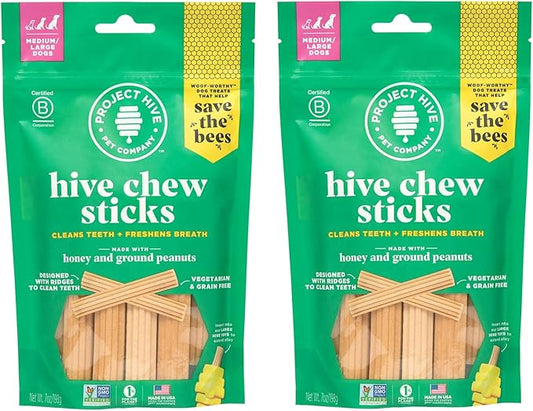 Hive Treats for Dogs 2 Pack Ñ Healthy, Non-GMO Project Verified, Natural Peanut Butter Flavored, Natural, Vegetarian Chews, Made in The USA (Chew Sticks, Large Breeds)