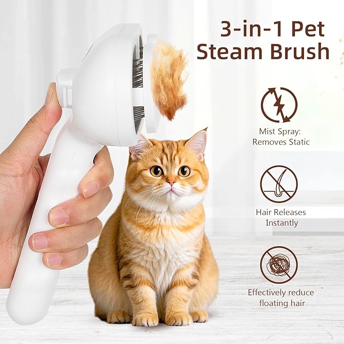 Cat Steam Brush for Shedding & Grooming - 3 in 1 Pet Brush with Waterless Shampoo, Spray Hair Removal Comb & Reusable Lint Roller for Dogs and Long Short Haired Cats, Release Button LKLZXUAN