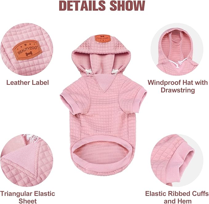 BEAUTYZOO Small Dog Hoodie Sweater with Pockets, Dog Clothes for Small Medium Dogs Boy Girl, Waffle-Like Laminated Cotton Pet Coats with Hat and Leash Hole, Pink XL