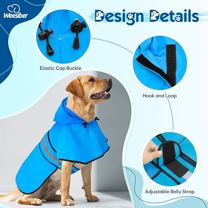 Weesiber Dog Raincoat, Waterproof Dog Rain Jacket with Leash Hole, Hooded Puppy Rainwear Poncho Slicker for Walking (M, Blue)