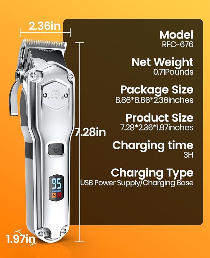 oneisall Dog Clippers for Grooming Thick Hair Professional,Cordless/Rechargeable Pet Grooming Kit with Detachable Metal Combs, Low Noise Heavy-Duty Pet Clippers for Thick/Curly/Fine/Wavy Hair (Sliver)